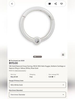 14k White Gold 16 Gauge Seamless Hoop With Side Diamond